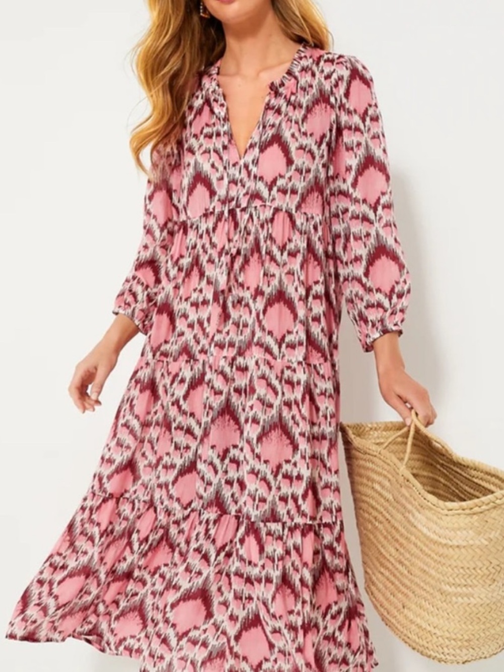 Tuckernuck Dress Poppy Ikat Long Sleeve Salty Paloma Caftan Pink M maxi